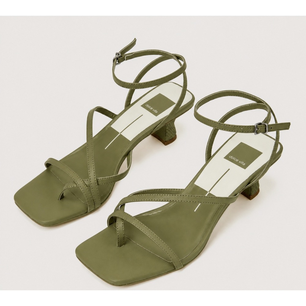 Dolce Vita Baylor Strappy Flared Heel Sandals Olive Leather Square Toe Size 7.5